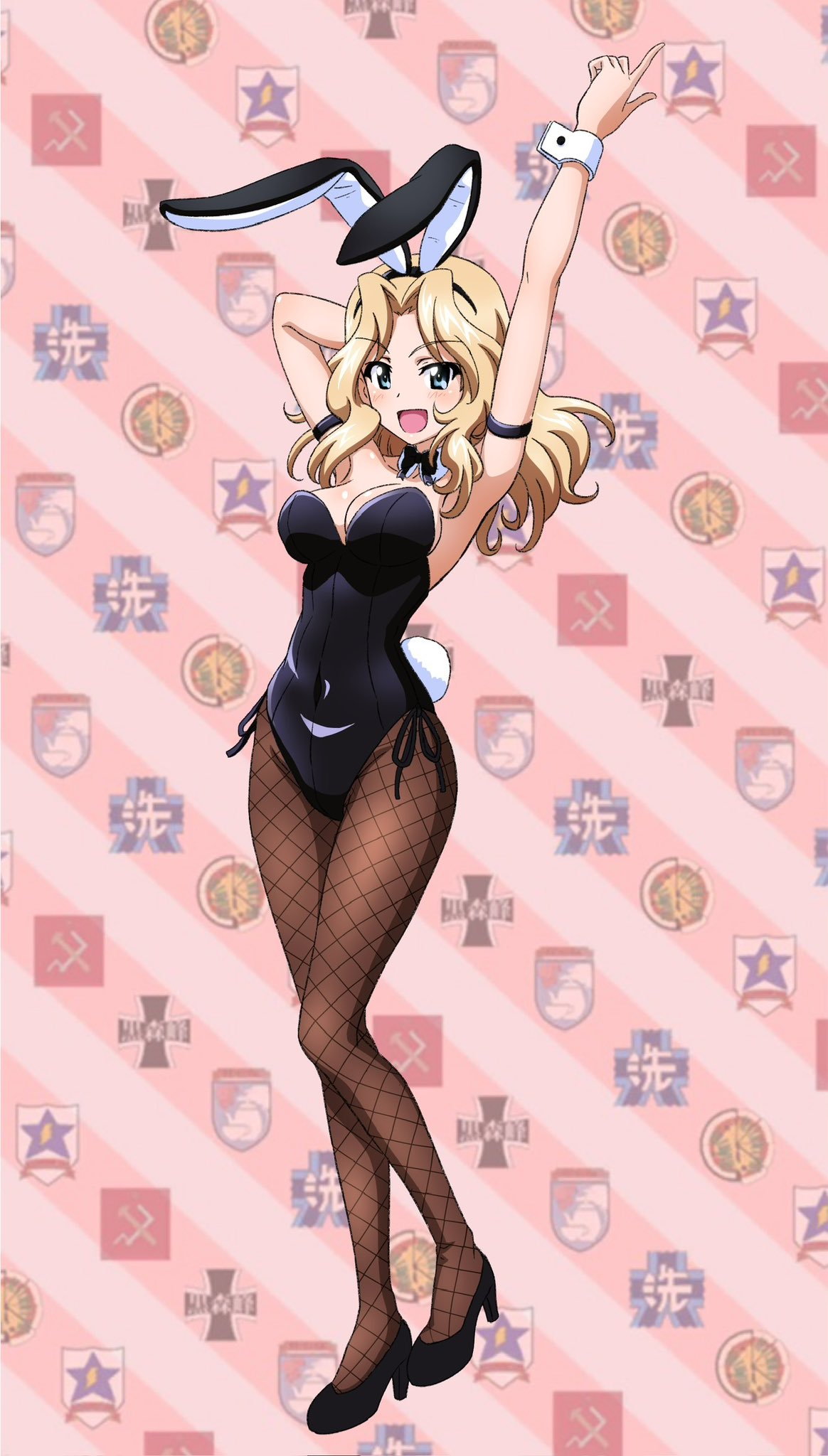 animal_ears arm_up armpits bc_freedom_(emblem) black_bow black_bowtie black_leotard black_pantyhose blonde_hair blue_eyes bow bowtie breasts detached_collar emblem fishnet_pantyhose fishnets girls_und_panzer highres kay_(girls_und_panzer) key_(gaigaigai123) large_breasts leotard medium_hair ooarai_(emblem) pantyhose pink_background playboy_bunny pravda_(emblem) rabbit_ears rabbit_tail smile st._gloriana's_(emblem) tail wrist_cuffs