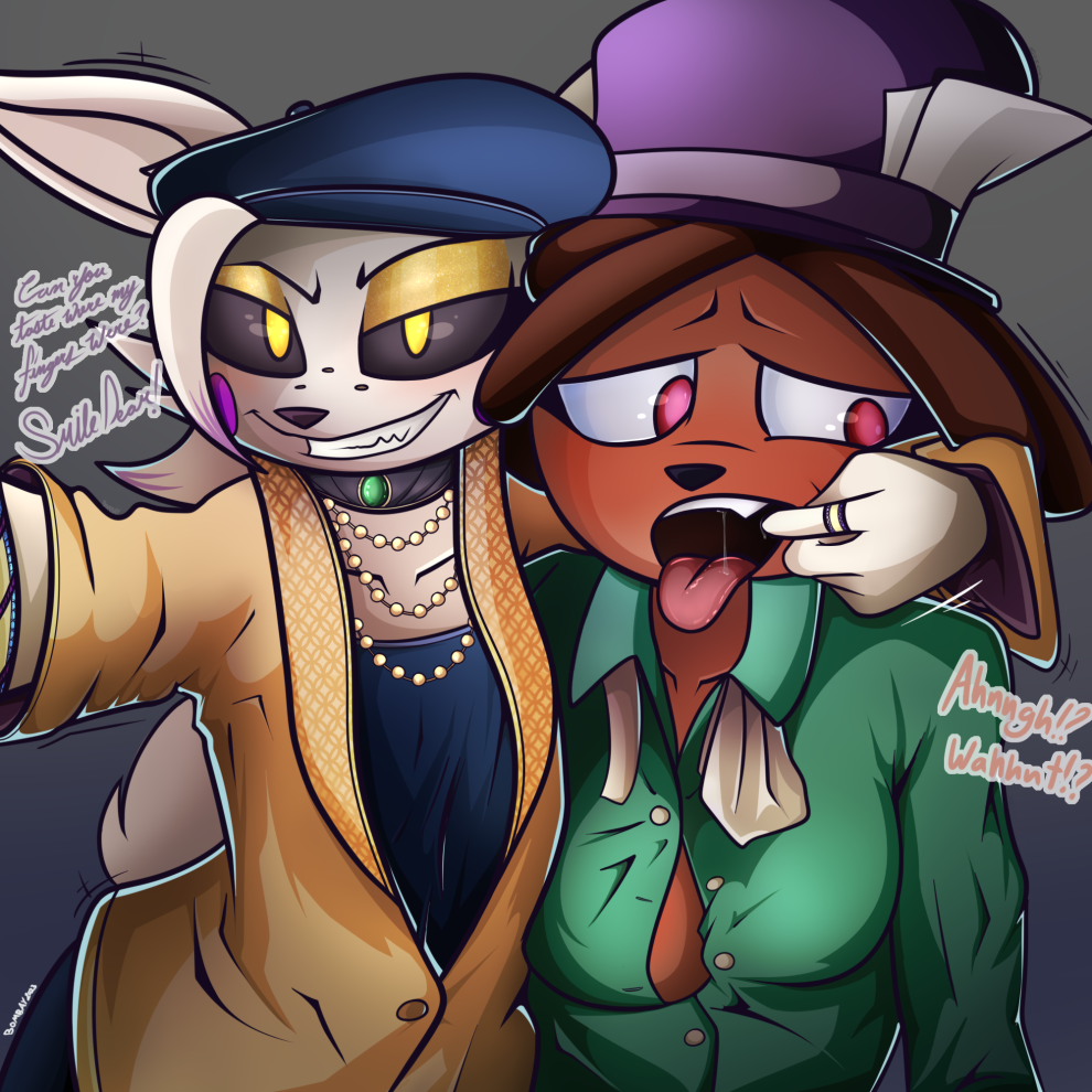 anthro bear beret black_sclera bombay_(artist) canid canine clothing duo fashion female female/female forced fox frenlivet_(bombay) glowing glowing_eyes hat headgear headwear jewelry mammal open_mouth porbit_(bombay) selfie tongue tongue_out