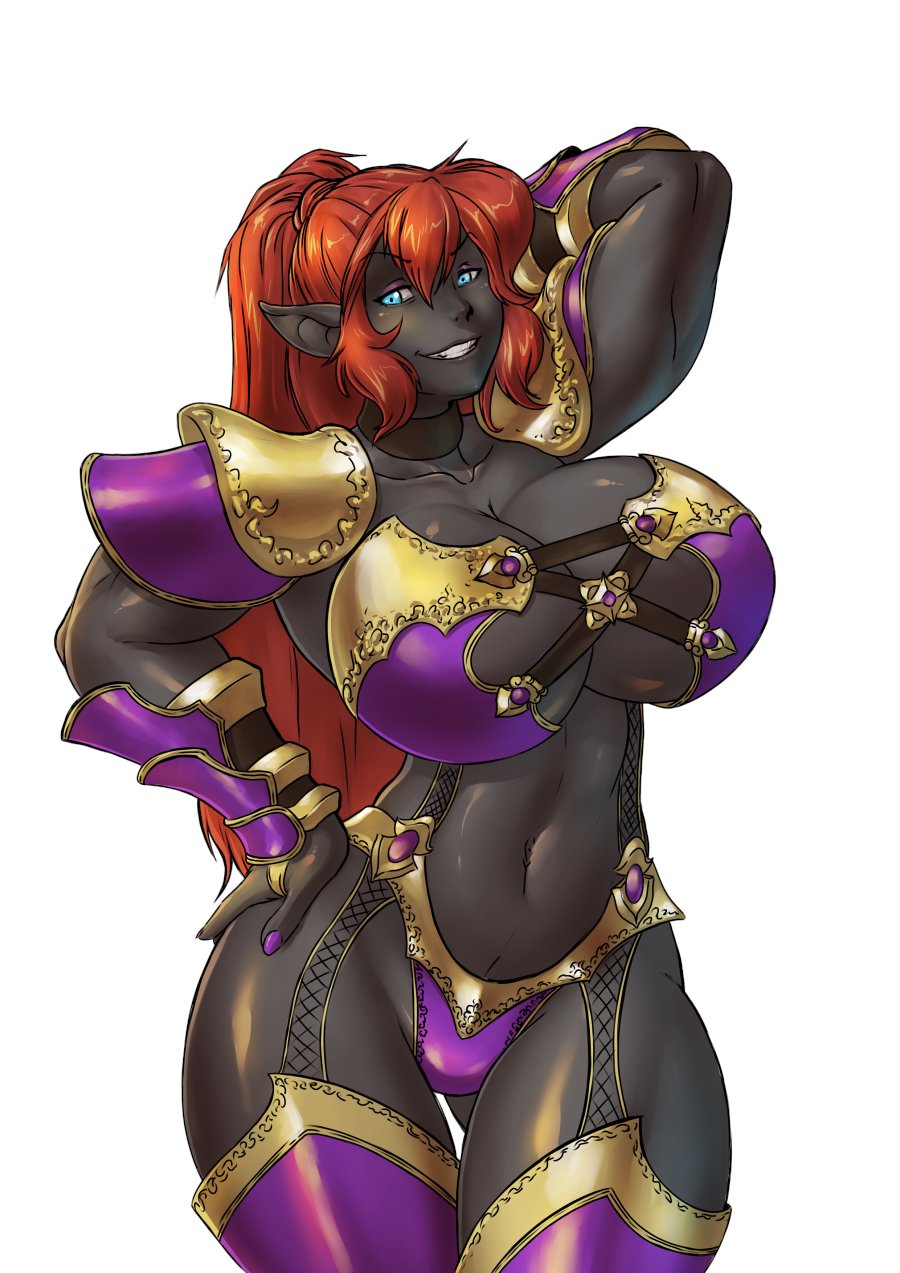 2023 accessory armor big_breasts black_body black_skin blue_eyes breasts chochi choker cleavage clothed clothing digital_media_(artwork) digital_painting_(artwork) drow elf female garter hair hand_on_hip hi_res huge_breasts humanoid jewelry necklace pose red_hair skimpy solo unconvincing_armor