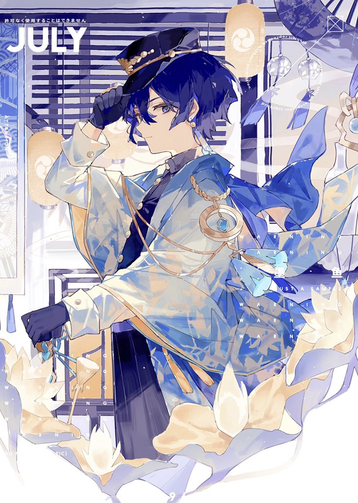1boy black_gloves blue_eyes blue_hair closed_mouth earrings facing_to_the_side genshin_impact gloves hat jacket japanese_clothes jewelry july long_sleeves looking_at_viewer male_focus nokoyayaya peaked_cap scaramouche_(genshin_impact) short_hair solo white_background white_jacket