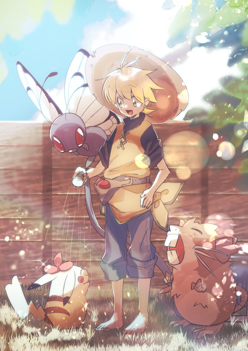 1girl :d bangs barefoot belt blonde_hair butterfree commentary_request day grass hat holding holding_hose hose lens_flare marutoko45 open_mouth outdoors pants pants_rolled_up pikachu pokemon pokemon_(creature) pokemon_adventures raticate shirt short_hair short_sleeves smile standing toes tongue water yellow_(pokemon) yellow_tunic