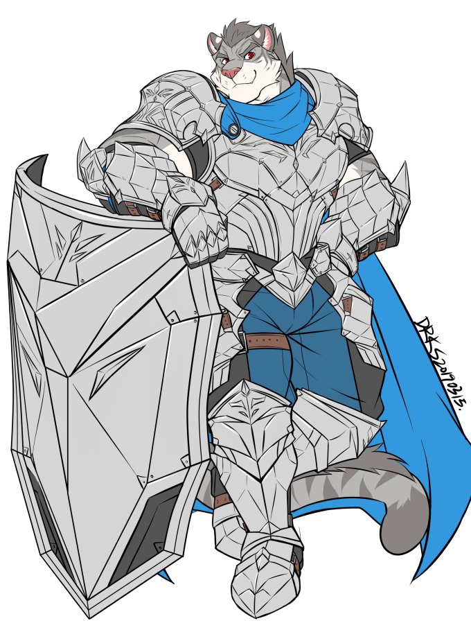 2019 anthro armor artist_name biceps blue_bottomwear blue_cape blue_clothing bottomwear clothing couter cuirass cuisse dated drks ear_tuft felid fur gauntlets glanz_(reoh_ch_h_v) gloves greaves grey_body grey_fur grey_hair grey_mane hair handwear knight knight_armor leaning_on_object looking_aside male mammal mane muscular muscular_anthro muscular_male pantherine pauldron poleyn red_eyes sabatons shield silver_(metal) silver_armor simple_background smile solo striped_body striped_fur stripes tiger tuft vambrace warrior white_background