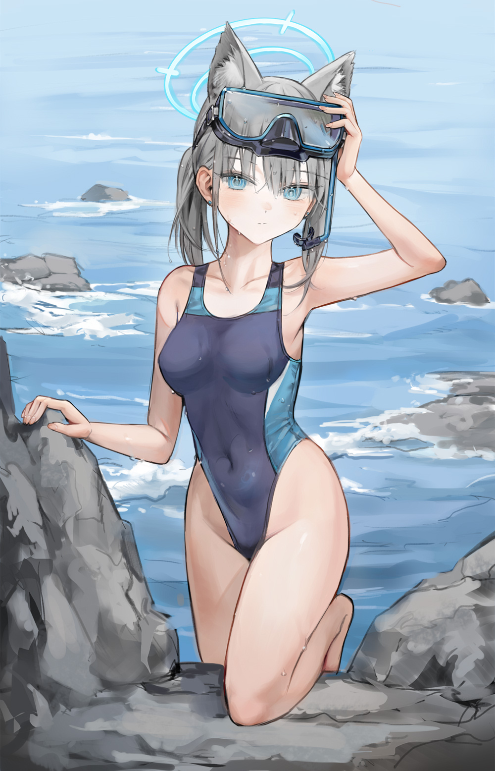 1girl animal_ears blue_archive blue_eyes blush breasts competition_swimsuit covered_navel day diving_mask diving_mask_on_head earrings expressionless extra_ears goggles goggles_on_head groin hair_between_eyes halo hand_on_own_head hand_up highres hip_focus jewelry kneeling long_hair medium_breasts mismatched_pupils official_alternate_costume one-piece_swimsuit outdoors partially_submerged ponytail quarter_1404 shiroko_(blue_archive) shiroko_(swimsuit)_(blue_archive) skin_tight snorkel solo swim_goggles swimsuit water wet wet_clothes wet_swimsuit white_hair wolf_ears