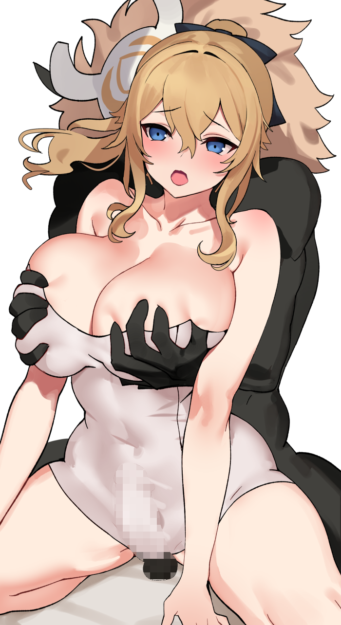 1boy 1girl bare_shoulders blonde_hair blue_eyes blush breasts bulge censored cleavage commission covered_navel genshin_impact grabbing grabbing_another's_breast grabbing_from_behind hair_between_eyes highres large_breasts lisa_(genshin_impact) long_hair mosaic_censoring ndgd off-shoulder_one-piece_swimsuit off_shoulder one-piece_swimsuit open_mouth penis pixiv_commission ponytail sidelocks simple_background strapless swimsuit tube_top white_swimsuit