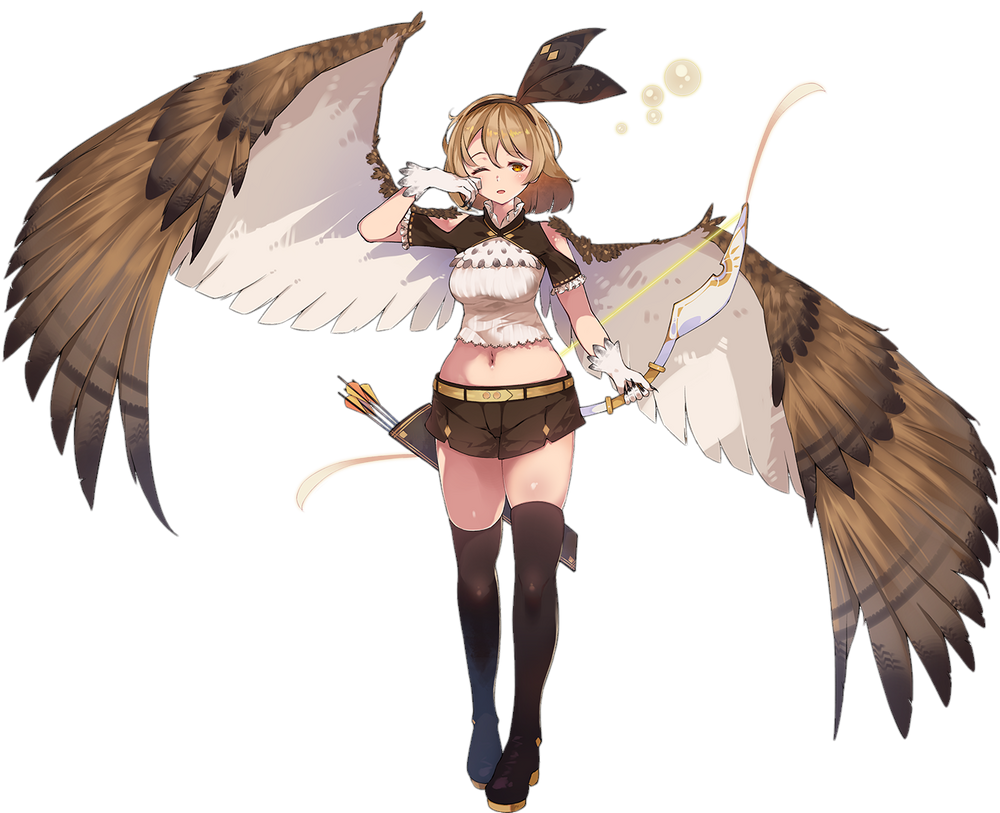 1girl aero_(sennen_sensou_aigis) arrow_(symbol) artist_request black_shorts black_thighhighs bow_(weapon) breasts brown_eyes brown_hair brown_wings feathered_wings full_body gloves medium_breasts medium_hair navel official_art one_eye_closed quiver sennen_sensou_aigis shorts skindentation sleepy solo standing thighhighs third-party_source weapon white_gloves wings