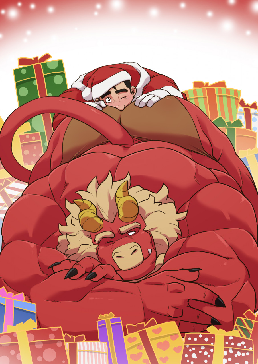2boys anilingus anilingus_through_clothes arched_back arm_rest ass bara beard black_hair blank_eyes colored_skin curled_horns dragon_horns facial_hair fingernails forked_eyebrows furry furry_male furry_with_non-furry gardie_(otsukimi) hand_on_another's_ass hands_on_ground hat highres horns huge_ass interspecies kouhei_(otsukimi) large_hands legs_apart lion_hair looking_at_viewer male_focus multiple_boys muscular muscular_male one_eye_closed original otsukimi red_skin santa_costume santa_hat sharp_fingernails short_hair sideburns sideburns_stubble size_difference smelling smelling_ass spread_legs stretching thick_eyebrows top-down_bottom-up topless_male tusks wide_spread_legs yaoi