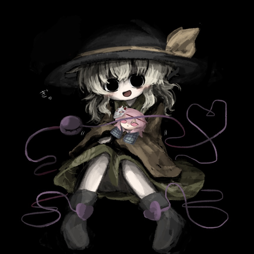 black_eyes black_footwear black_headwear bow eyeball frilled_shirt_collar frilled_sleeves frills green_hair green_skirt hat hat_bow hat_ribbon hata_no_kokoro heripantomorrow komeiji_koishi long_sleeves medium_hair pink_eyes pink_hair ribbon shirt skirt third_eye touhou translation_request wavy_hair wide_sleeves yellow_bow yellow_ribbon yellow_shirt