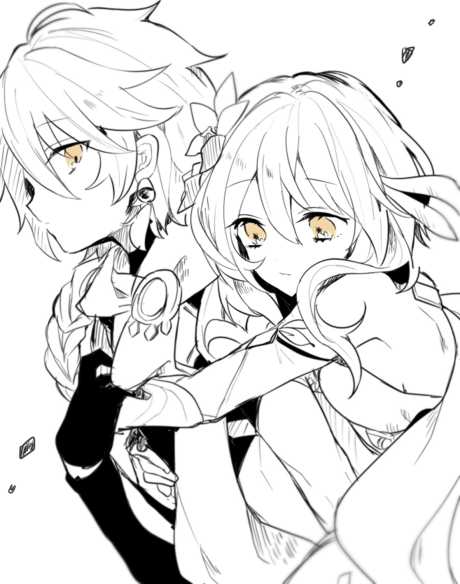 1boy 1girl aether_(genshin_impact) brother_and_sister closed_mouth dress earrings flower genshin_impact gloves greyscale hair_flower hair_ornament hug hug_from_behind jewelry looking_at_another looking_down lumine_(genshin_impact) monochrome scarf short_hair_with_long_locks siblings spot_color twins upper_body yae_(yae_ringo) yellow_eyes yellow_theme