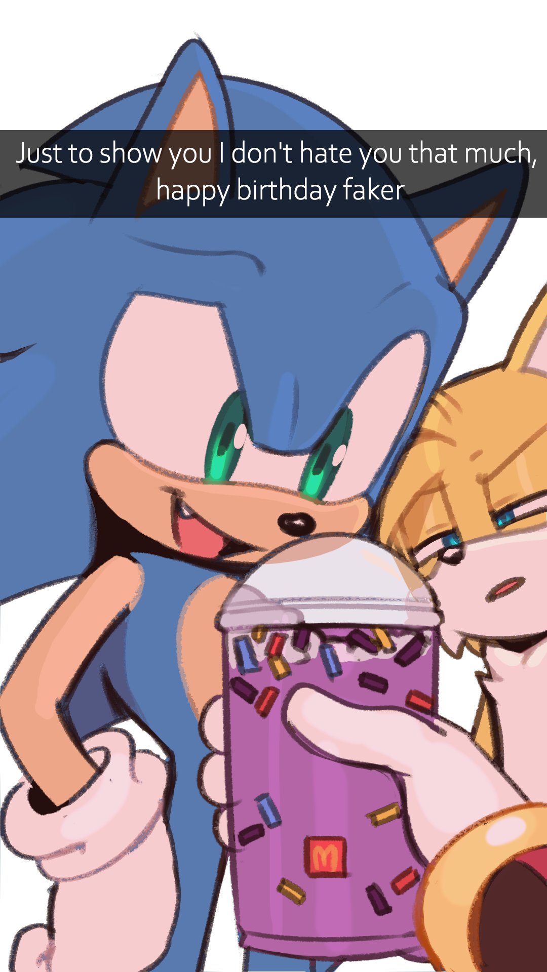 2boys animal_ears animal_nose blue_eyes blue_fur body_fur bracelet cup disposable_cup english_text fox_boy fox_ears furry furry_male gloves gold_bracelet green_eyes grimace_shake_(meme) hedgehog hedgehog_ears highres holding holding_cup jewelry looking_at_viewer male_focus meme milkshake multiple_boys open_mouth purple_liquid shadow_the_hedgehog simple_background smile sonic_(series) sonic_the_hedgehog tails_(sonic) toonsite two-tone_fur white_background white_gloves yellow_fur