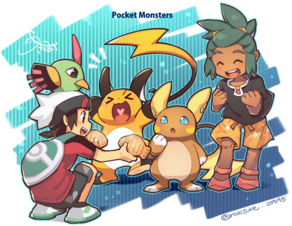 &gt;_&lt; 2boys alolan_raichu backpack bag beanie black_shirt brendan_(pokemon) clenched_hands closed_eyes commentary_request copyright_name dark-skinned_male dark_skin food green_hair hat hau_(pokemon) holding holding_food male_focus multiple_boys notice_lines open_mouth pokemon pokemon_(creature) pokemon_(game) pokemon_oras pokemon_sm raichu rakisuke shirt smile