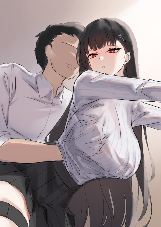 1boy 1girl bangs black_hair black_skirt blue_archive blush breast_grab breasts faceless faceless_male grabbing hair_ornament hairclip hand_under_clothes hetero large_breasts long_hair long_sleeves parted_lips red_eyes ribbed_sweater rio_(blue_archive) shirt simple_background skirt sweater thigh_strap very_long_hair white_shirt white_sweater zi_se