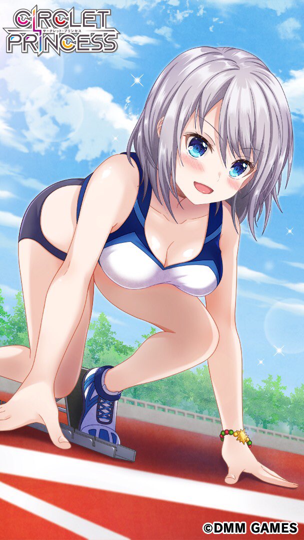 1girl azuki_yui black_buruma blue_eyes blush bracelet breasts buruma circlet_princess cleavage cloud collarbone copyright copyright_name grey_hair jewelry multicolored_sports_bra running_track shoes short_hair sky sneakers solo sports_bra track_and_field track_uniform tree