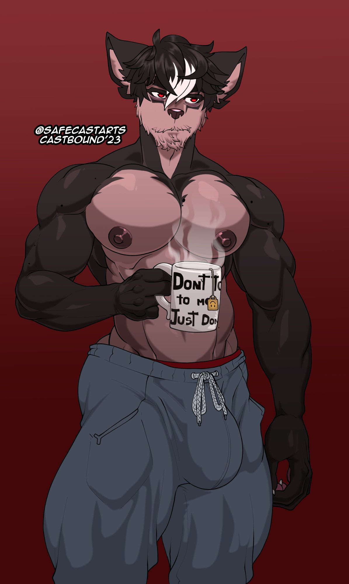 anthro areola beverage big_bulge black_hair bulge canid canine canis castbound clothed clothing domestic_dog english_text eye_bags facial_hair hair hi_res looking_away male mammal mug muscular red_clothing red_eyes red_underwear russell_(castbound) solo steam sweatpants text thick_thighs topless underwear