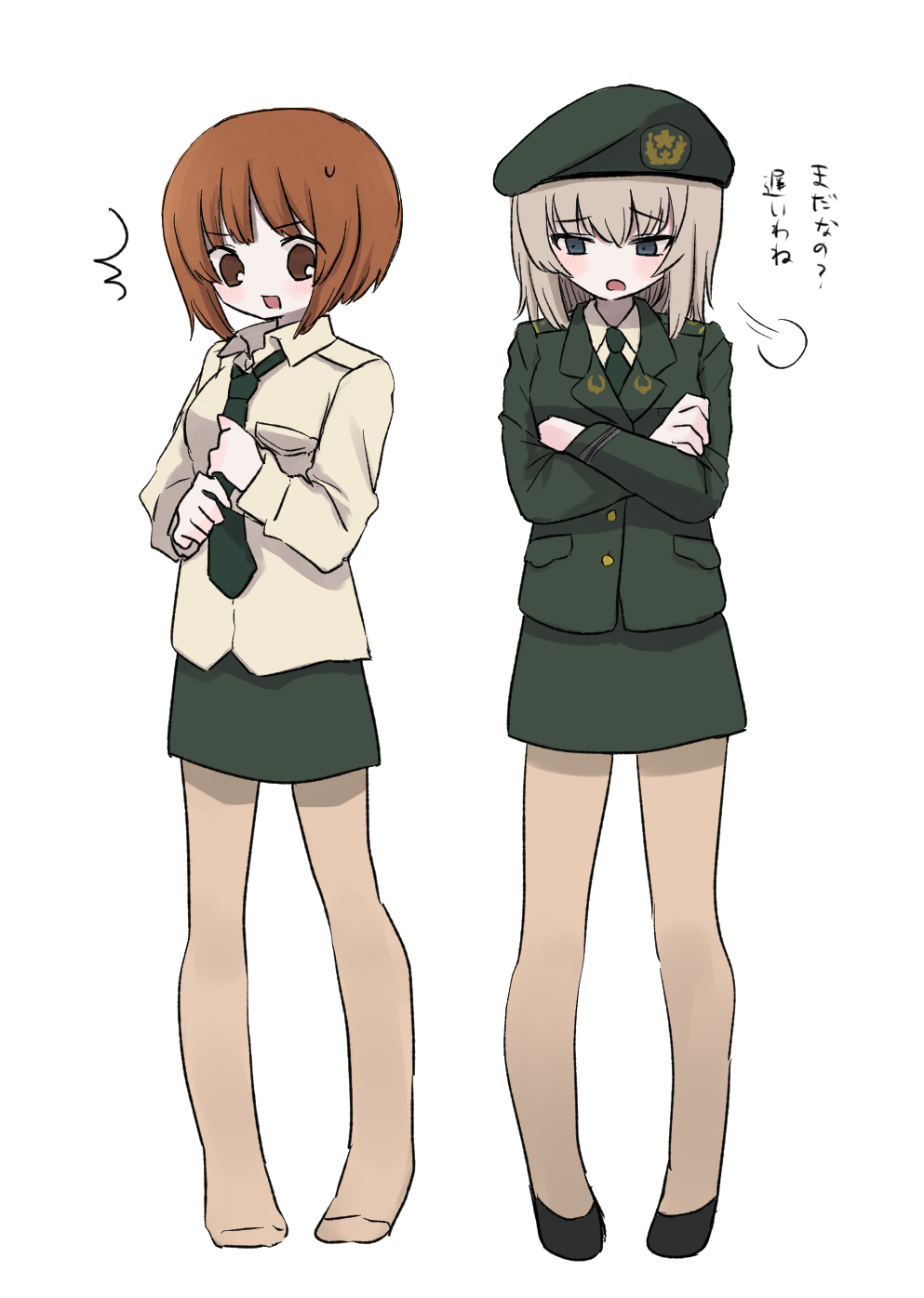 2girls ^^^ beret black_footwear black_headwear black_necktie blouse blue_eyes brown_eyes brown_hair commentary crossed_arms dressing flats frown girls_und_panzer green_jacket green_skirt grey_hair grey_pantyhose grey_shirt hat highres itsumi_erika jacket japan_ground_self-defense_force japan_self-defense_force long_sleeves looking_at_another looking_at_viewer loose_necktie medium_hair military military_hat miniskirt multiple_girls necktie nishizumi_miho open_mouth pantyhose ri_(qrcode) shirt short_hair sigh skirt smile sweatdrop translated wing_collar