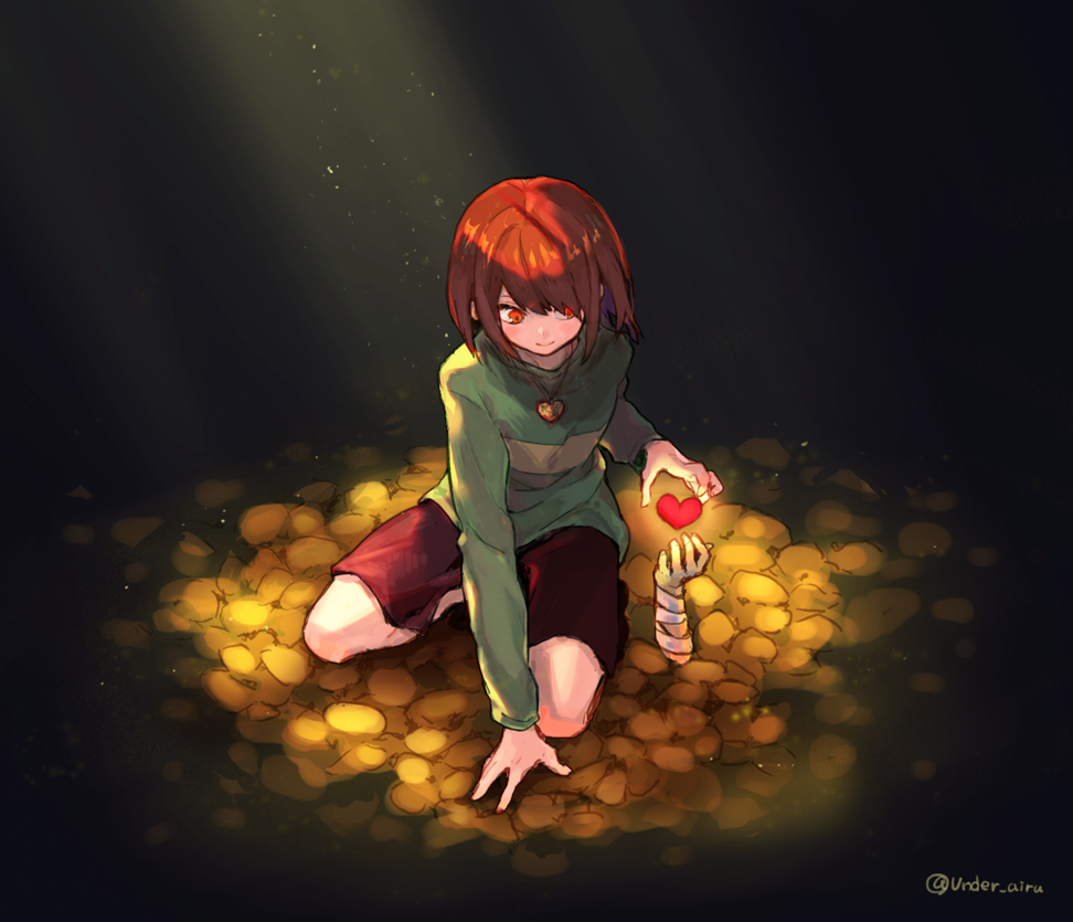 1other androgynous arm_support artist_name bandaged_arm bandages blush bob_cut brown_hair brown_shorts chara_(undertale) check_spoilers closed_mouth commentary dark disembodied_limb field flower flower_field full_body glowing gold_necklace green_shirt heart heart_necklace heart_pendant jewelry kneeling leaning_forward light_particles light_rays long_sleeves looking_at_object looking_down necklace on_ground pendant red_eyes shirt short_hair shorts signature single_horizontal_stripe smile solo_focus spoilers sunbeam sunlight swept_bangs tou_ilie twitter_username two-tone_shirt undertale yellow_flower yellow_shirt