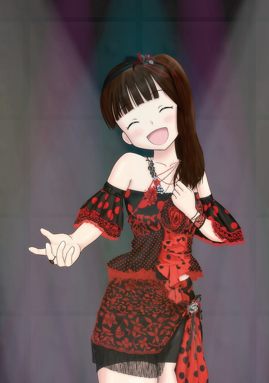 1girl brown_hair closed_eyes detached_sleeves dress happy headband highres hime_cut imai_asami jewelry long_hair looking_at_viewer lp-oogami music necklace real_life red_dress singing spotlight strapless strapless_dress upper_body