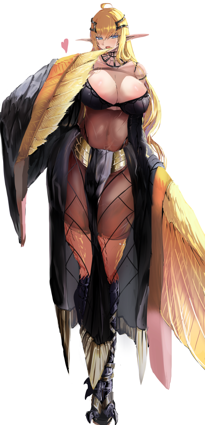 1girl ahoge bird_legs blonde_hair blue_eyes breasts cleavage commentary_request feathers hair_between_eyes harpy heart highres horanhoran large_breasts long_hair monster_girl open_mouth original pelvic_curtain pointy_ears sandals see-through simple_background solo talons very_long_ears white_background winged_arms wings yellow_feathers yellow_wings
