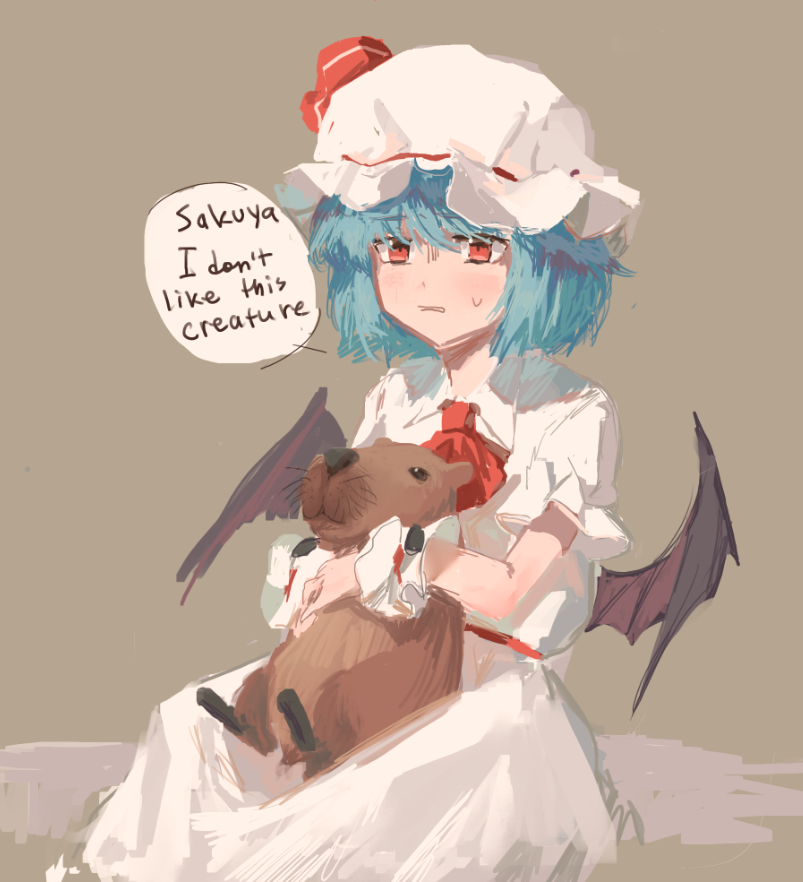 1girl animal ascot bat_wings black_eyes blue_hair blush bow brown_background capybara collared_dress commentary dress english_commentary english_text hat hat_bow holding holding_animal mob_cap nervous orange_eyes red_ascot red_bow remilia_scarlet short_hair solo sparkle71059204 sweatdrop touhou white_dress white_headwear wings