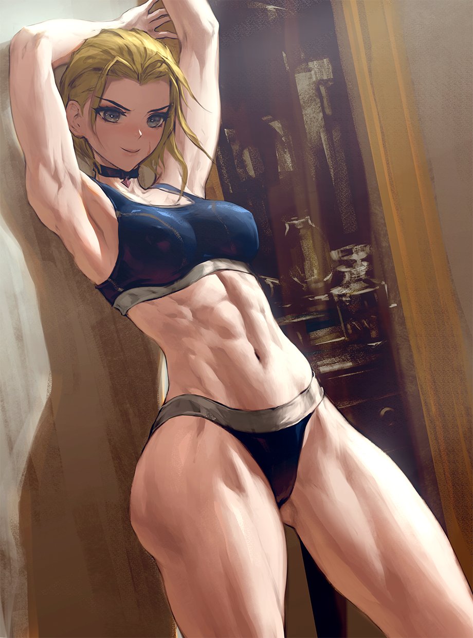 &gt;:) 1girl abs armpits arms_up bare_shoulders black_choker black_eyes black_panties black_sports_bra blonde_hair breasts cammy_white choker closed_mouth commentary cowboy_shot english_commentary highres infi medium_breasts muscular muscular_female no_jacket panties short_hair smile solo sports_bra street_fighter street_fighter_6 underwear underwear_only v-shaped_eyebrows