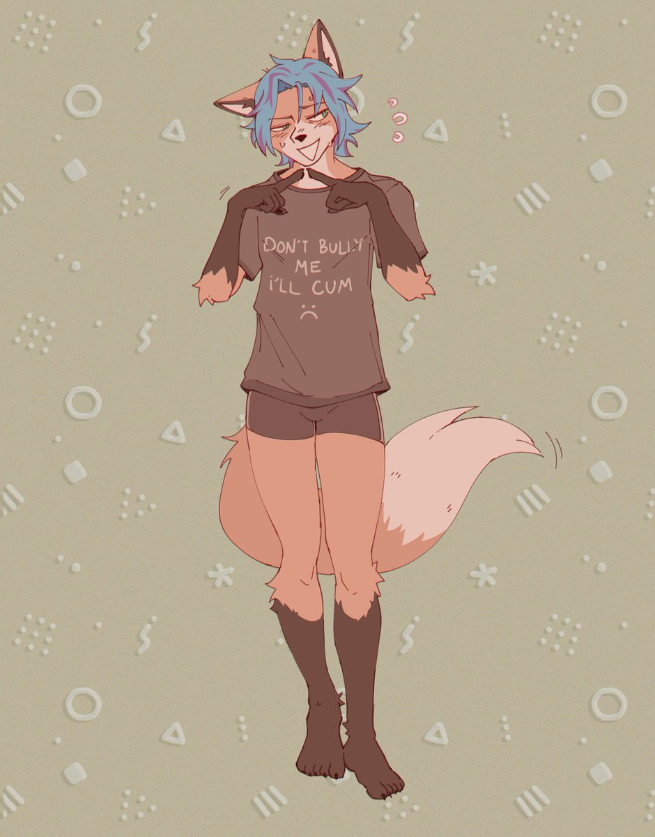 afraid_parade anthro black_nose blue_hair clothed clothing don't_bully_me_i'll_cum english_text green_eyes hair hi_res male open_mouth shirt solo standing t-shirt text topwear underwear