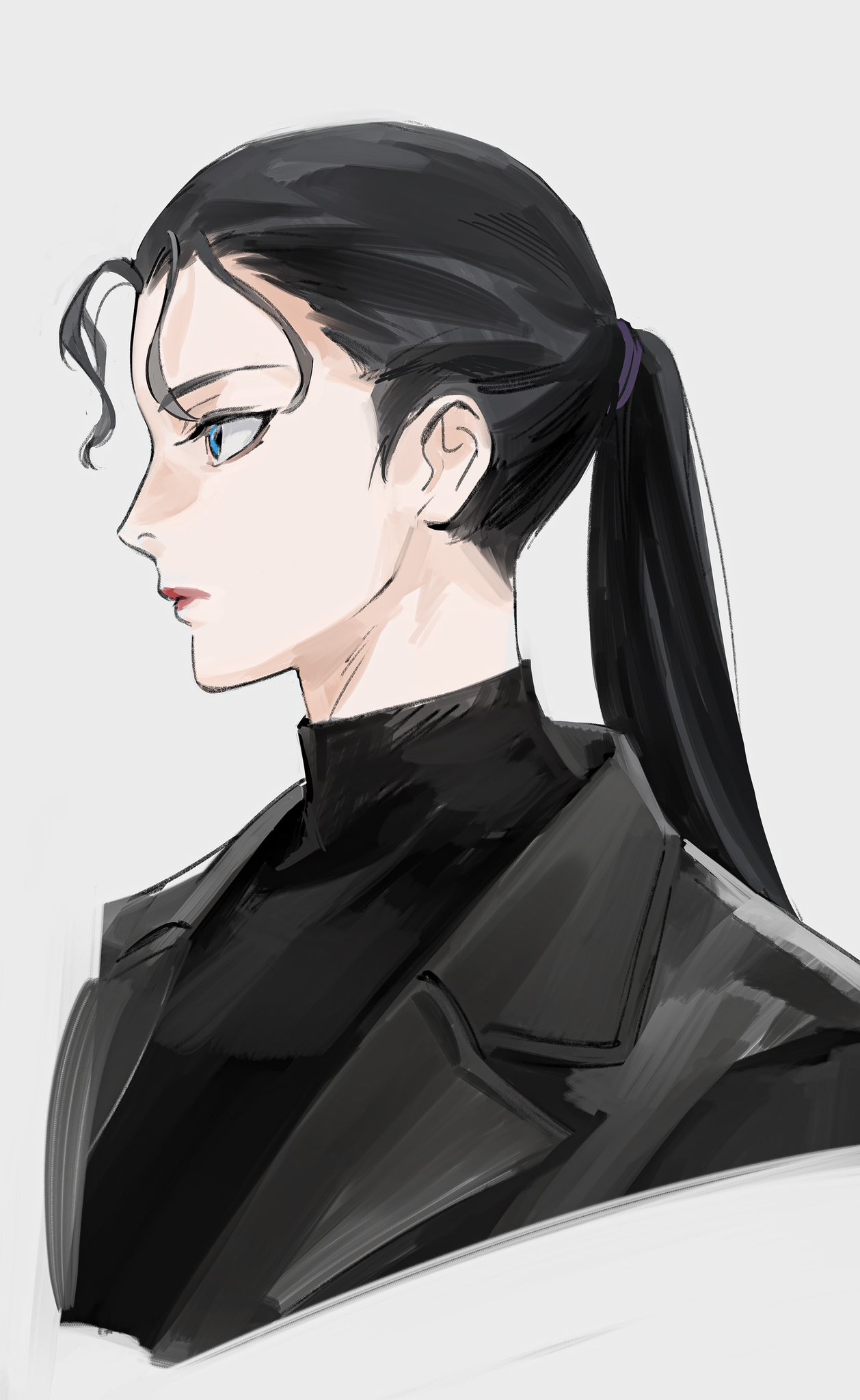 1girl black_hair black_jacket black_sweater blue_eyes closed_mouth commentary cropped_torso grey_background hair_pulled_back highres jacket lipstick long_hair looking_ahead makeup meitantei_conan mizunashi_rena ponytail profile red_lips roru_(lol_dessin) simple_background solo spoilers sweater turtleneck turtleneck_sweater