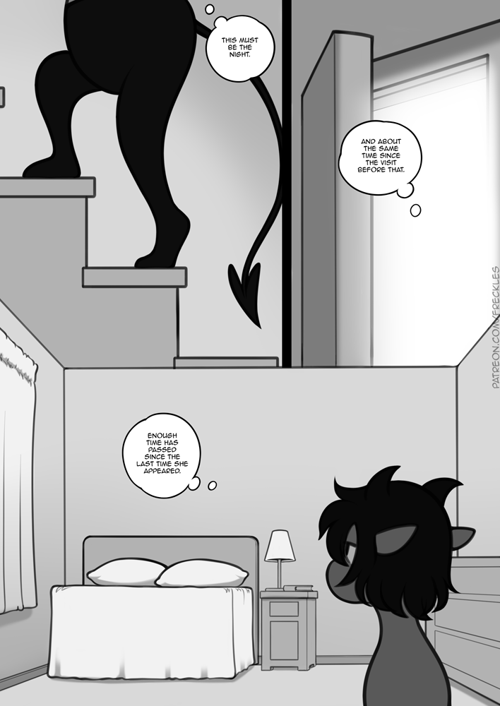 bed biped comic curtains demon english_text freckles_(artist) furniture hair horn male monochrome pillow solo spade_tail tail text thought_bubble