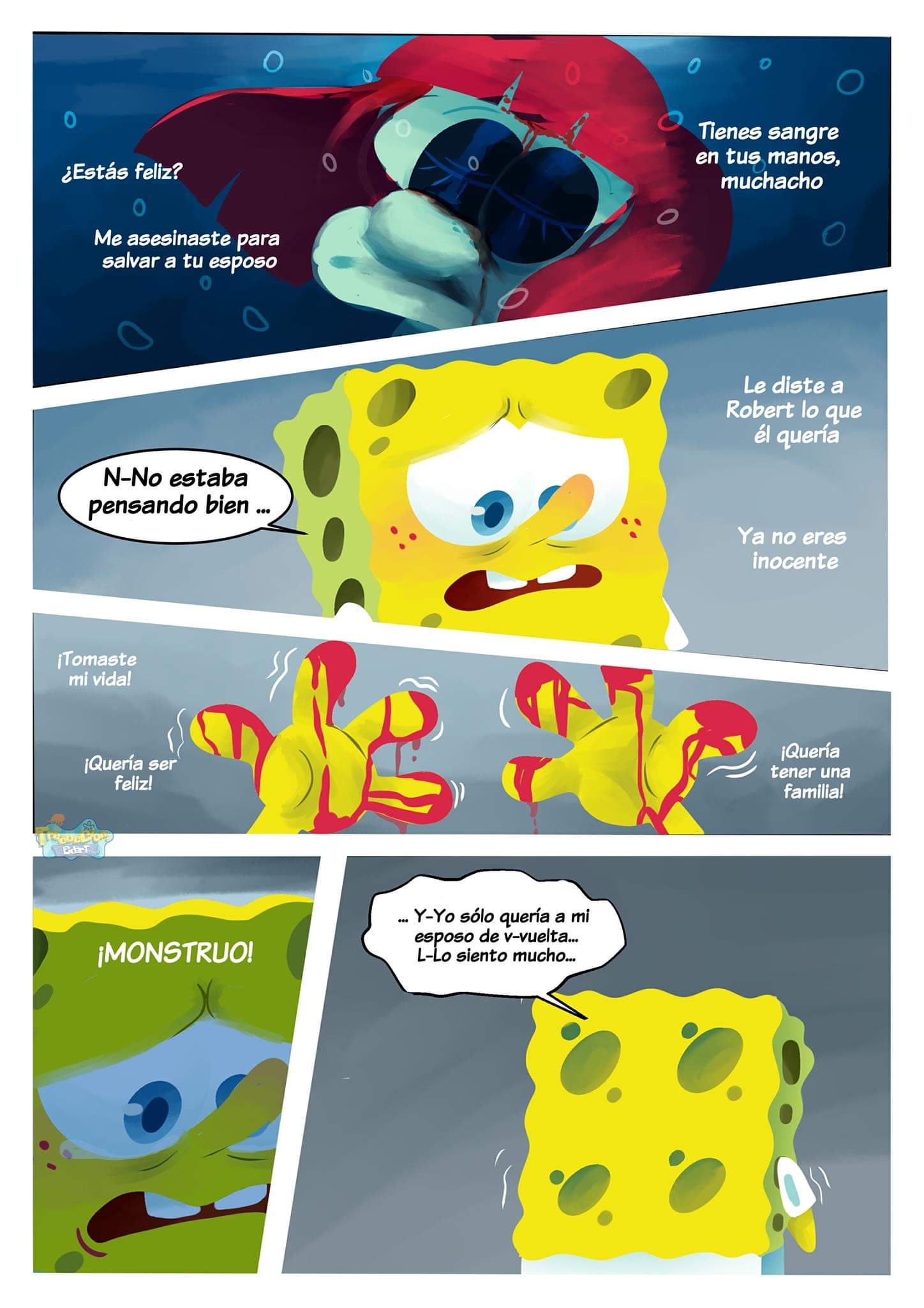 anthro blood blood_on_hand bodily_fluids cephalopod coleoid comic corpse dialogue duo hair hi_res male marine mollusk nickelodeon octopodiform octopus on_model pancaketiffy sea_sponge shaking shivering spanish_text speech_bubble spongebob_squarepants spongebob_squarepants_(character) squinson_(pancaketiffy) text toony translation_check translation_request underwater water wounded