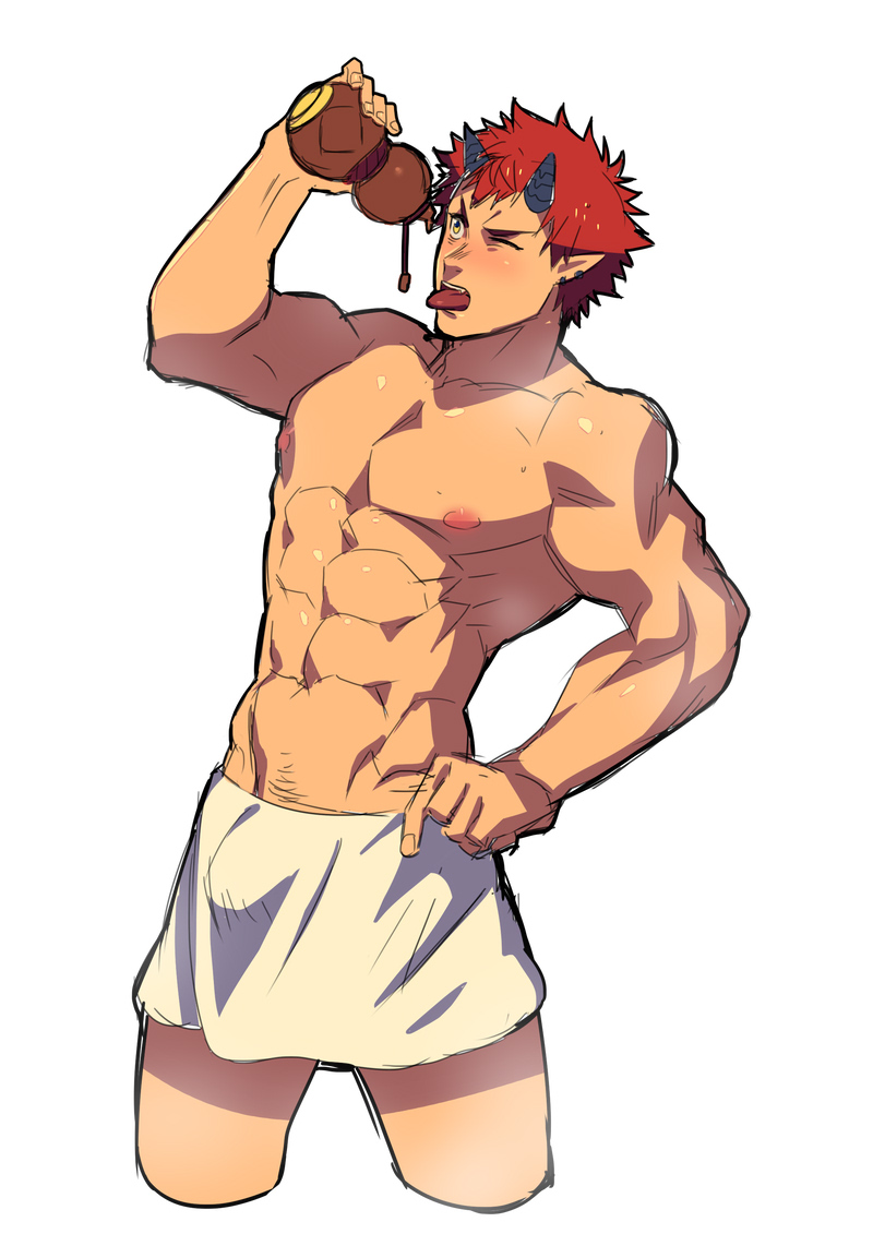 1boy abs bara bottle demon_boy demon_horns holding holding_bottle horns large_pectorals lvlv male_focus muscular muscular_male navel nipples one_eye_closed paradiso_guardian pectorals red_hair short_hair shuten_douji_(paradiso_guardian) simple_background solo tongue tongue_out towel towel_around_waist white_background