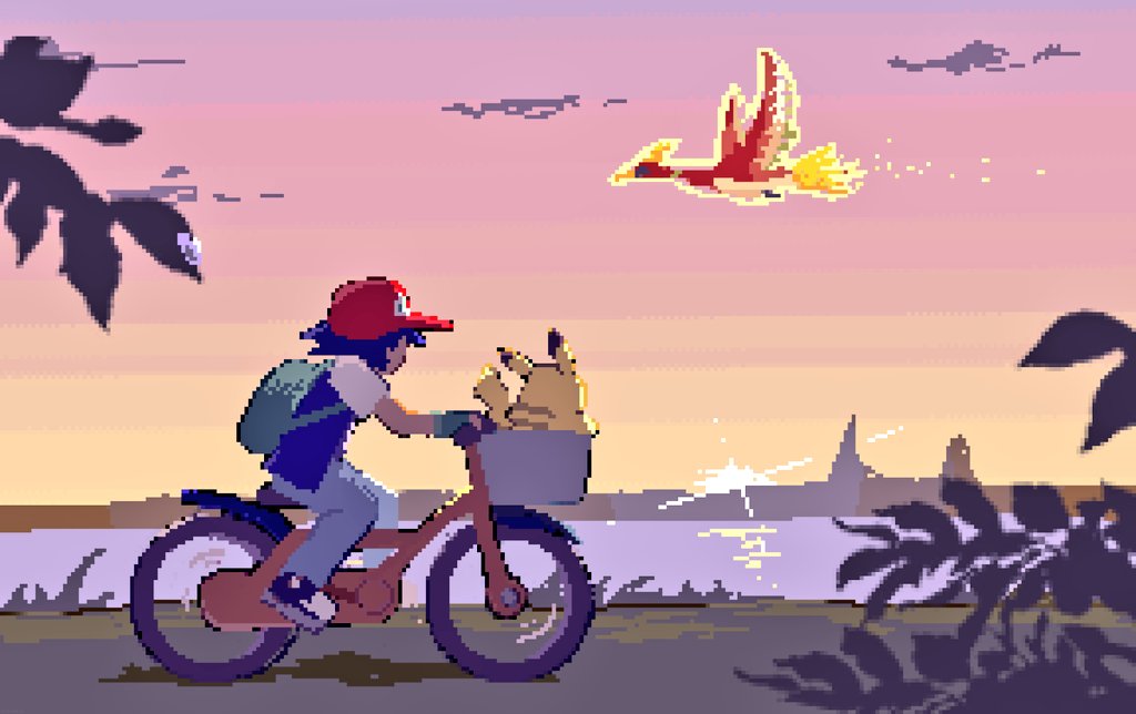 1boy ash_ketchum backpack bag bicycle bird black_footwear black_hair cloud commentary_request from_side gloves green_bag green_gloves grey_pants hat ho-oh jacket male_focus natonashi outdoors pants pikachu pixel_art pokemon pokemon_(anime) pokemon_(classic_anime) pokemon_(creature) red_headwear riding riding_bicycle shoes short_hair short_sleeves sky sneakers sunset twilight water