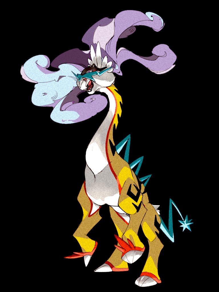 animal_focus black_background claws commentary_request full_body legs_up open_mouth pokemon purple_eyes raging_bolt ramune_gohan simple_background standing teeth tusks