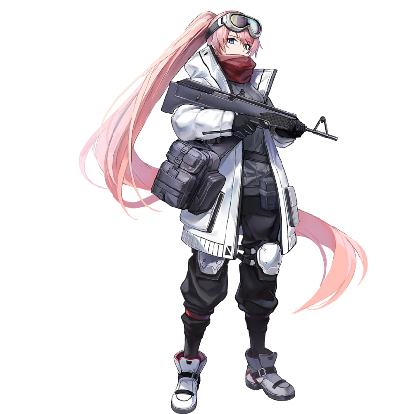1girl bag blue_eyes boots bullpup coat codename:_bakery_girl duffel_bag duffel_coat english_commentary finger_on_trigger full_body girls'_frontline gun korean_commentary long_hair m82_(girls'_frontline) mixed-language_commentary official_alternate_costume official_art pink_hair reverse_collapse_(series) solo spoilers third-party_source valmet_m82 weapon