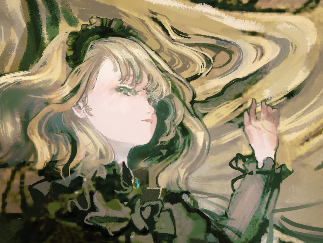 1girl black_dress black_hairband blonde_hair blue_eyes brooch close-up commentary_request dress expressionless frilled_dress frills gosick hair_spread_out hairband jewelry lolita_hairband long_hair long_sleeves looking_at_viewer lying masayuki_(zerufonsu) on_back sketch solo very_long_hair victorica_de_blois