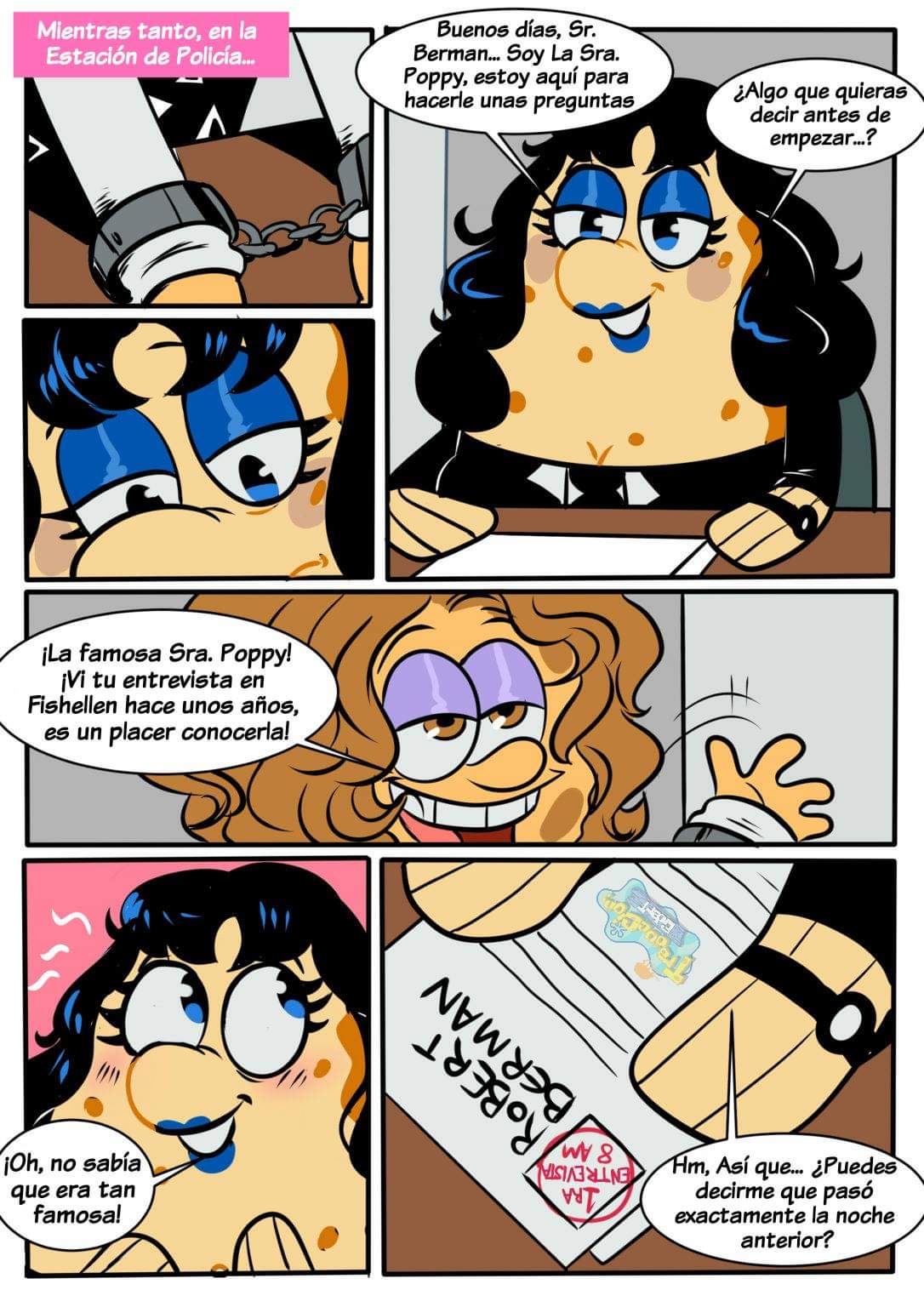 anthro blush clothed clothing comic cuff_(restraint) dialogue duo fan_character female fin fish hair handcuffs hi_res makeup male marine metal_cuffs nickelodeon pancaketiffy pufferfish restraints robert_(pancaketiffy) sea_sponge spanish_text speech_bubble spongebob_squarepants style_parody tetraodontiform text toony translation_check translation_request