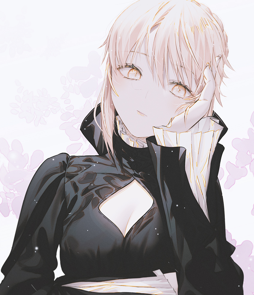 1girl artoria_pendragon_(fate) black_dress black_ribbon blonde_hair breasts cleavage_cutout closed_mouth clothing_cutout commentary dress fate/hollow_ataraxia fate/stay_night fate_(series) fov_ps gothic_lolita hair_ribbon head_rest head_tilt lolita_fashion long_sleeves looking_at_viewer medium_breasts pale_skin ribbon saber_alter short_hair sidelocks solo white_background yellow_eyes