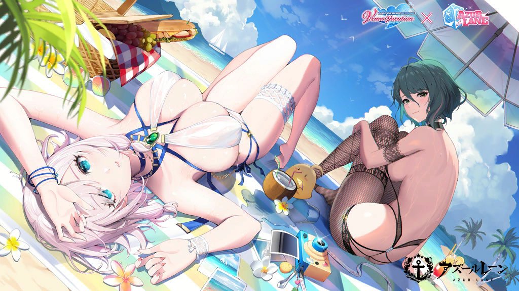 2girls arms_up ass azur_lane back bare_arms bare_back bare_shoulders beach beach_mat beach_umbrella bikini bird black_choker blue_eyes breasts bridal_garter brown_pantyhose chick choker coconut day dead_or_alive dead_or_alive_xtreme drinking_straw dutch_angle fishnet_pantyhose fishnets from_behind fruit_cup green_eyes green_hair knees_up large_breasts long_hair looking_at_viewer looking_back luna_(doa) luna_(venus_of_the_beach)_(doa) lying manjuu_(azur_lane) mole mole_under_eye multiple_girls official_alternate_costume official_art on_back outdoors pantyhose pink_hair short_hair sideboob sitting skindentation swimsuit tamaki_(doa) tamaki_(venus_shower_time)_(doa) thighs umbrella wet white_bikini white_hair yuri_(chocho_q)