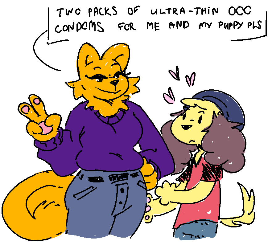 &lt;3 anthro buying canid canine canis clothed clothing condom dialogue dog_boy_(mevka) domestic_dog duo female fox fox_girl_(mevka) male mammal mevka_(artist) sexual_barrier_device shopping size_difference speech_bubble yandere