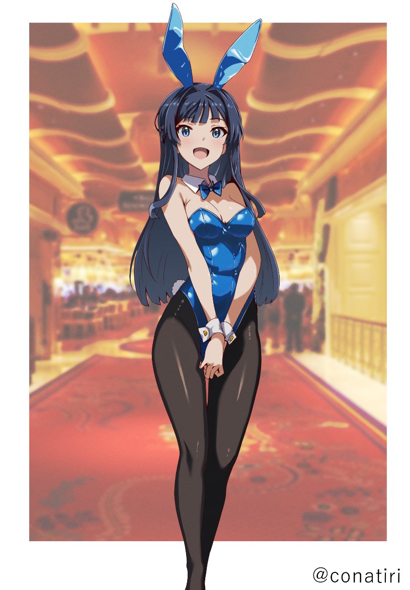 1girl animal_ears bare_shoulders black_hair black_pantyhose blue_bow blue_bowtie blue_eyes blue_leotard blurry blurry_background bow bowtie breasts casino cleavage commentary_request detached_collar fake_animal_ears fake_tail highleg highleg_leotard idolmaster idolmaster_million_live! konachiri legs leotard long_hair looking_at_viewer medium_breasts mogami_shizuka open_mouth own_hands_together pantyhose playboy_bunny rabbit_ears rabbit_tail sidelocks smile solo standing tail thighs twitter_username wrist_cuffs