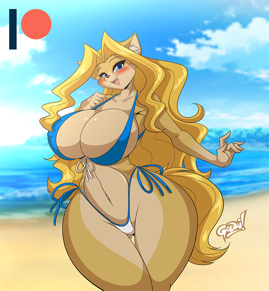 2023 5_fingers anthro beach big_breasts bikini bikini_bottom blonde_hair blue_bikini_top blue_eyes blush breasts brown_body brown_fur cheese_quesadilla clothing cloud day digital_media_(artwork) felid female fingers fur hair huge_breasts inner_ear_fluff long_hair looking_at_viewer mammal mastergodai navel nipple_outline open_mouth outside sand seaside smile solo swimwear tuft water wide_hips