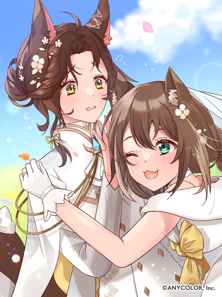 2girls ahoge animal_ears blue_eyes braid brown_hair buttons cape cat_ears choker copyright_name double-breasted dress fangs flower flying_sweatdrops fox_ears fujishiro_kokoa fumi_(6th_costume)_(nijisanji) fumi_(nijisanji) fumino_tamaki fumino_tamaki_(5th_costume) gloves hair_flower hair_ornament hand_on_another's_head hand_on_another's_shoulder highres long_hair long_sleeves multiple_girls nijisanji off_shoulder official_art one_eye_closed wavy_mouth white_cape white_choker white_dress white_gloves yellow_eyes yuri