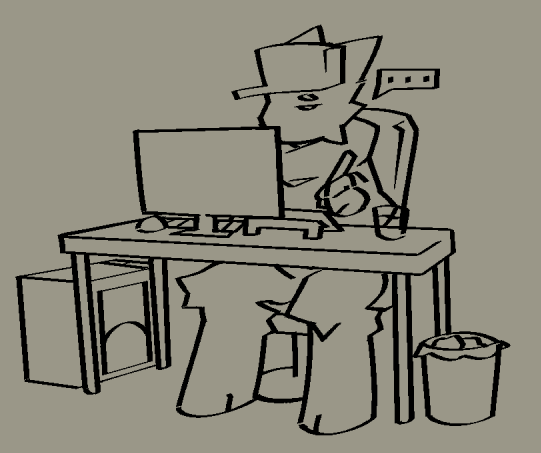 2023 anthro bottomless chair clothed clothing computer computer_mouse container cup drawing_tablet ellipsis featureless_crotch fur furniture glass glass_container glass_cup hat headgear headwear holding_stylus hooves karma_(probablydemo) mammal monitor monochrome on_chair probablydemo sitting sitting_on_chair speech_bubble stylus sweater table topwear trash_can unknown_species yellow_and_black