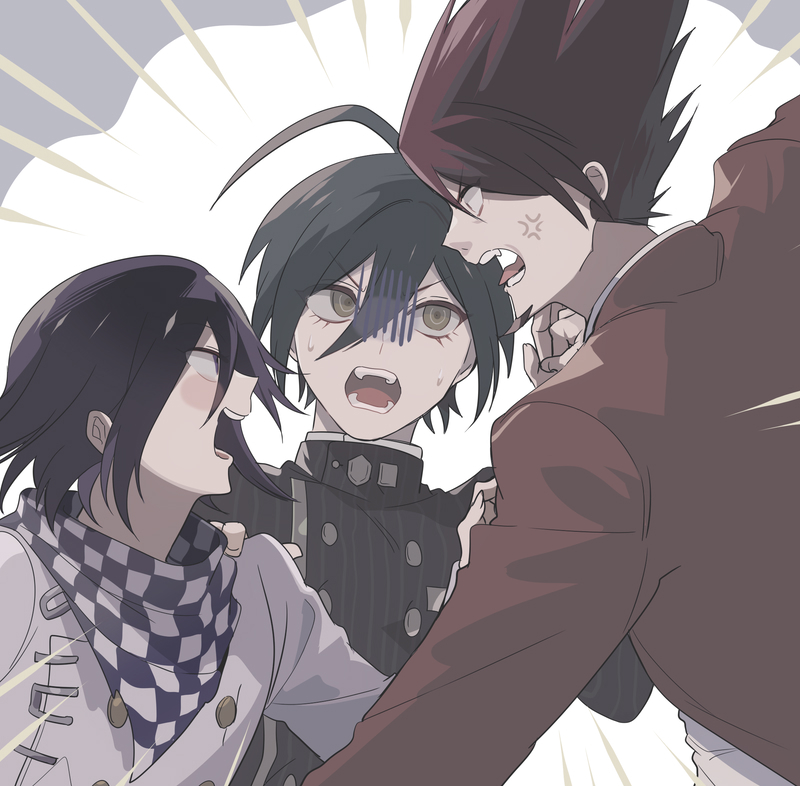 3boys ahoge anger_vein angry black_hair blush brown_jacket buttons checkered_clothes checkered_scarf danganronpa_(series) danganronpa_v3:_killing_harmony double-breasted eye_contact facial_hair goatee hair_between_eyes jacket liliy1191 long_sleeves looking_at_another male_focus medium_hair momota_kaito multiple_boys open_mouth ouma_kokichi purple_eyes saihara_shuuichi scarf shirt short_hair spiked_hair striped striped_jacket teeth upper_body white_jacket