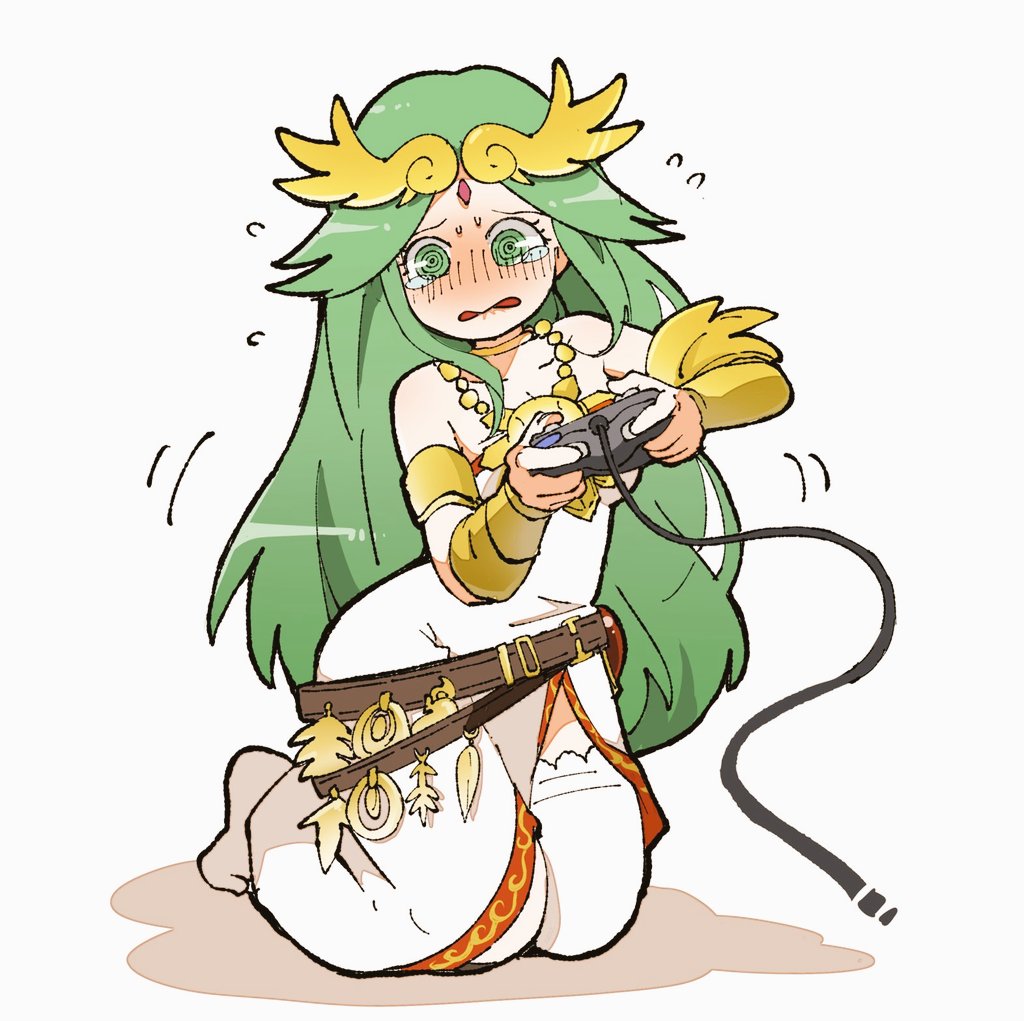 1girl @_@ bare_shoulders biting blush breasts cable cleavage collarbone commentary_request controller flying_sweatdrops forehead_jewel game_controller green_eyes green_hair jewelry kaneda_tamago kid_icarus kid_icarus_uprising kneeling lip_biting long_hair looking_at_viewer palutena pendant simple_background solo sweat tears white_background