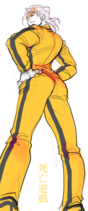 1boy ass bruce_lee's_jumpsuit color_connection dio_brando from_behind from_below game_of_death hands_on_own_hips jojo_no_kimyou_na_bouken jumpsuit male_focus merumeru626 solo stardust_crusaders translated yellow_jumpsuit