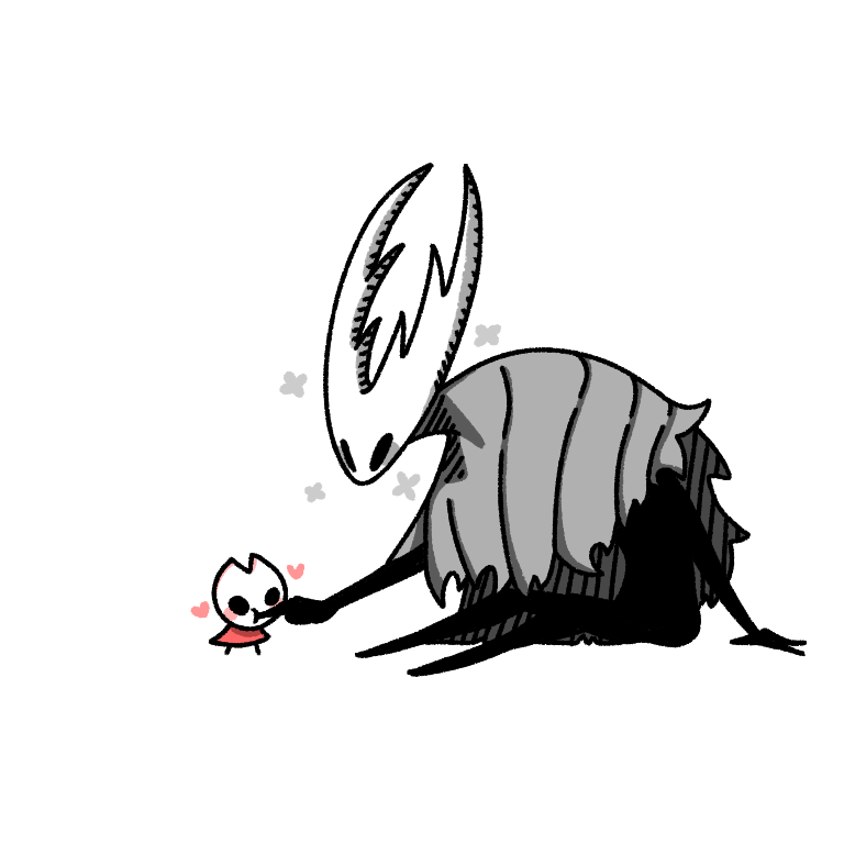 1girl 1other :t aged_down arthropod_girl black_eyes black_skin blank_eyes blush blush_stickers chewing chibi child cloak closed_mouth colored_skin commentary finger_in_another's_mouth full_body grey_cloak heart hollow_knight hollow_knight_(character) hornet_(hollow_knight) leaning_forward looking_at_another red_cloak sakana_2-gou simple_background sitting size_difference solid_circle_eyes standing white_background