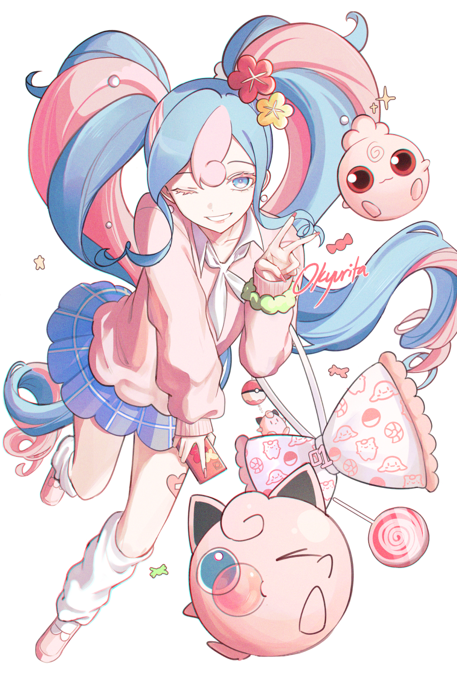 1girl blue_skirt candy cardigan cellphone chewing_gum earrings fairy_miku_(project_voltage) flower food hair_flower hair_ornament hatsune_miku highres holding holding_phone igglybuff jewelry jigglypuff leg_warmers lollipop long_hair multicolored_hair nail_polish okyurita one_eye_closed phone pink_cardigan pink_footwear pink_nails pokemon pokemon_(creature) project_voltage red_eyes scrunchie skirt smile swirl_lollipop twintails two-tone_hair v very_long_hair vocaloid white_background wrist_scrunchie