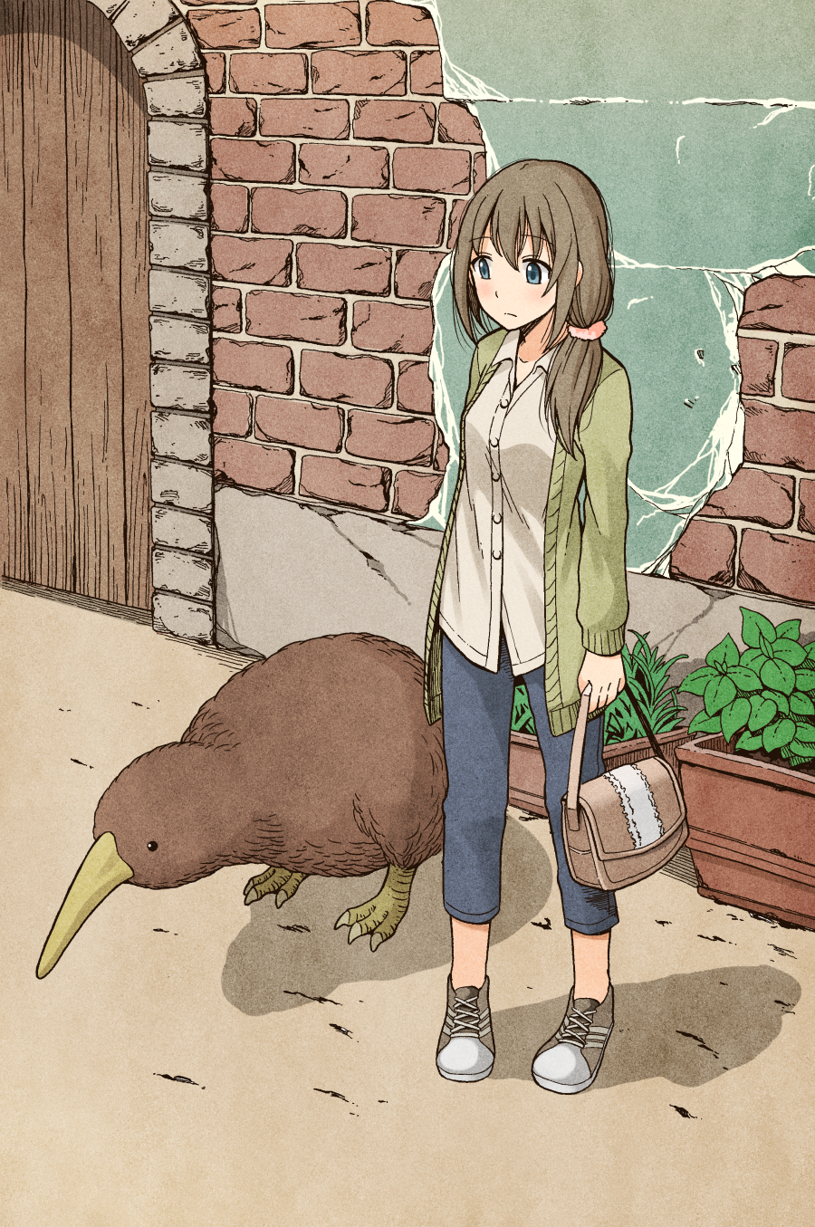 1girl animal bag bird blue_pants blush brick_wall brown_hair cardigan closed_mouth collared_shirt commentary_request crack cracked_wall denim dress_shirt expressionless full_body green_cardigan green_eyes hair_ornament hair_over_shoulder hair_scrunchie handbag highres holding holding_bag jeans kiwi_(bird) looking_at_animal looking_down low_ponytail open_cardigan open_clothes original outdoors oversized_animal pants pigeon-toed plant potted_plant scrunchie shadow shirt shoes sneakers solo standing white_shirt wooden_door yuuki_koutarou
