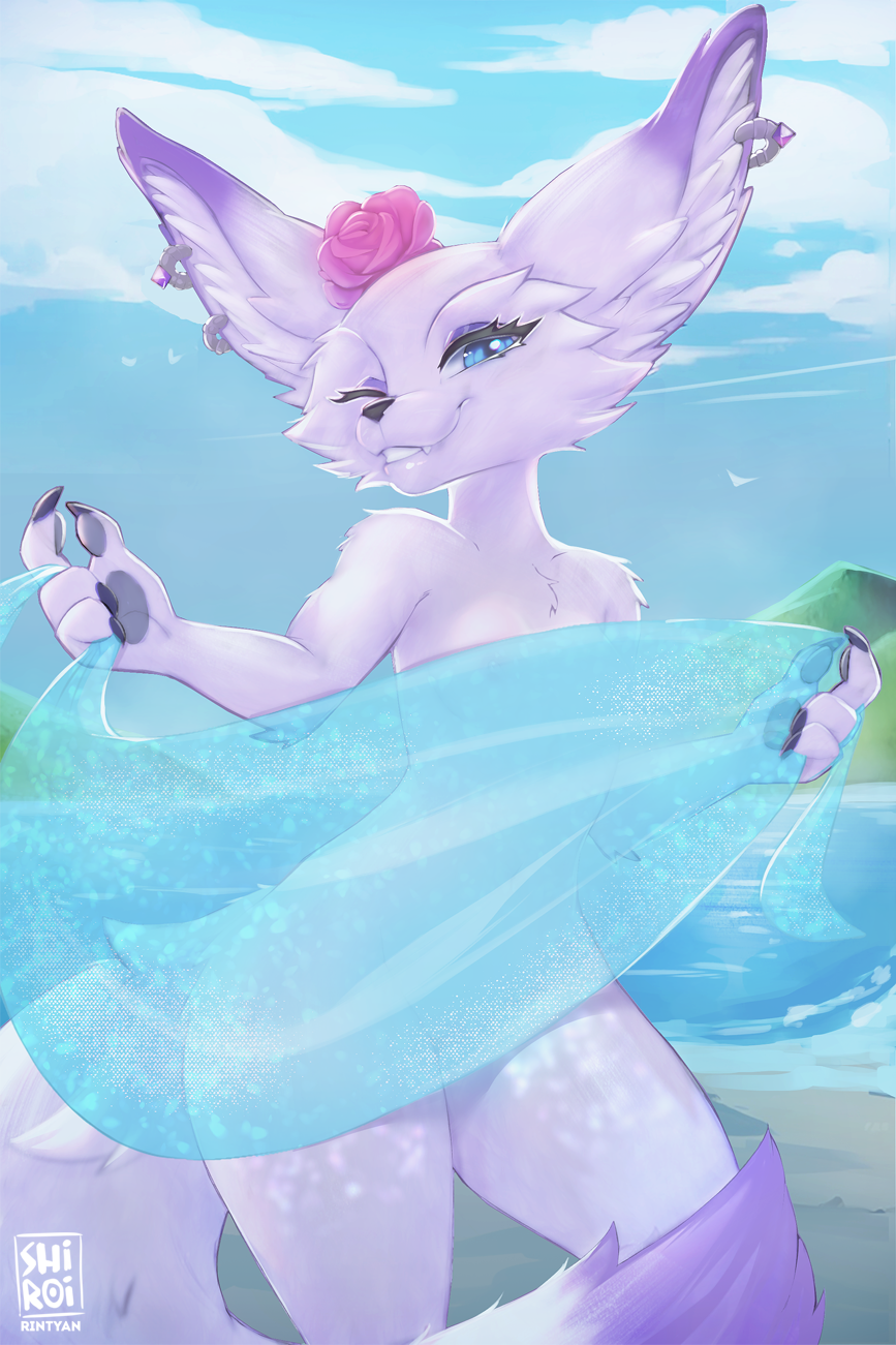 2023 anthro beach blizzard_entertainment blue_eyes canid canine digital_media_(artwork) ear_piercing ear_ring female fennec flower fox fur hi_res long_ears long_tail looking_at_viewer mammal mountain one_eye_closed outside pawpads piercing plant rin_tyan ring_piercing rose_(flower) seaside shaded simple_background sky smile solo solo_focus tail teeth towel tuft vulpera warcraft water white_body white_fur wink