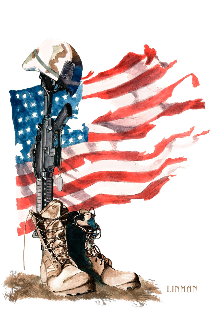 american_flag artist_name assault_rifle battlefield_cross boots brown_headwear camouflage camouflage_headwear chin_strap clothes_only combat_boots combat_helmet commentary cross-laced_footwear desert_camouflage dog_tags english_commentary flag gun helmet highres lace-up_boots m4_carbine michael_linman military no_humans original painting_(medium) patriotism red_stripes rifle simple_background star_(symbol) still_life torn_flag traditional_media united_states watercolor_(medium) weapon white_background white_stripes