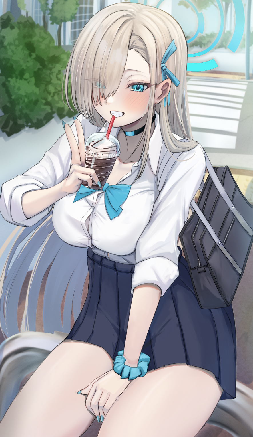 1girl asuna_(blue_archive) black_bag black_choker blue_archive blue_eyes blue_halo blue_nails blue_ribbon blue_scrunchie breasts button_gap cafenami choker clenched_teeth collarbone commentary_request cup drinking_straw eyes_visible_through_hair fingernails hair_over_one_eye hair_ribbon halo highres holding holding_cup large_breasts long_hair looking_at_viewer nail_polish outdoors ribbon scrunchie shirt sitting solo teeth thighs v white_shirt wrist_scrunchie