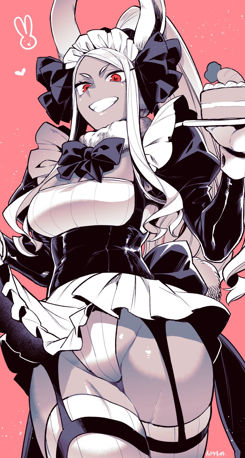 1girl :d alternate_costume alternate_hairstyle animal_ears black_bow black_bowtie black_dress boku_no_hero_academia bow bowtie breasts cake carrot_cake clothes_lift dark-skinned_female dark_skin dress food framed_breasts fur_collar garter_straps gloves hair_ornament heart high_ponytail highres holding holding_cake holding_food large_breasts lifted_by_self long_eyelashes long_hair looking_at_viewer maid maid_headdress mirko panties parted_bangs puffy_sleeves rabbit_ears rabbit_girl rabbit_tail red_background red_eyes sidelocks skirt skirt_lift smile solo tail takatsuki_ichi thighhighs thighs underwear white_gloves white_hair white_panties white_thighhighs wrist_cuffs